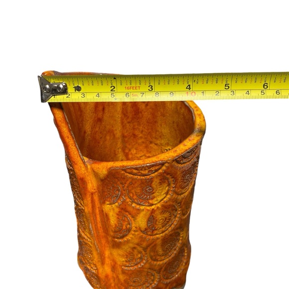 Handcrafted Pottery Vintage Planter Vase Copper Orange Abstract Mandala Pattern - Picture 9 of 13
